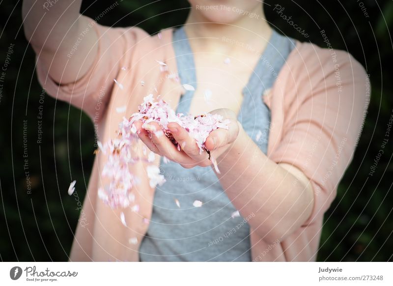 gossamer Happy Harmonious Calm Fragrance Human being Young woman Youth (Young adults) Hand Nature Spring Blossom Blossom leave Cardigan To hold on Flying