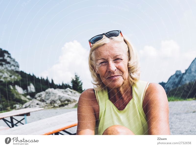 Pensioner at the summit Lifestyle Leisure and hobbies Mountain Hiking Female senior Woman 60 years and older Senior citizen Nature Landscape Summer