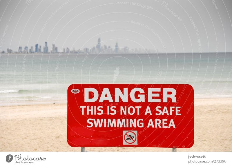 DO NOT SWIM Vacation & Travel Swimming & Bathing Pacific Ocean Pacific beach Gold Coast Skyline Signage Warning sign Pictogram Warning label Far-off places
