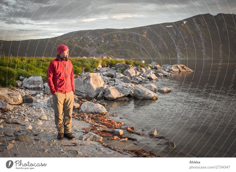 Young man enjoying the midnight sun with his pipe Harmonious Well-being Contentment Relaxation Calm Youth (Young adults) Coast Fjord Midnight sun Norway Jacket