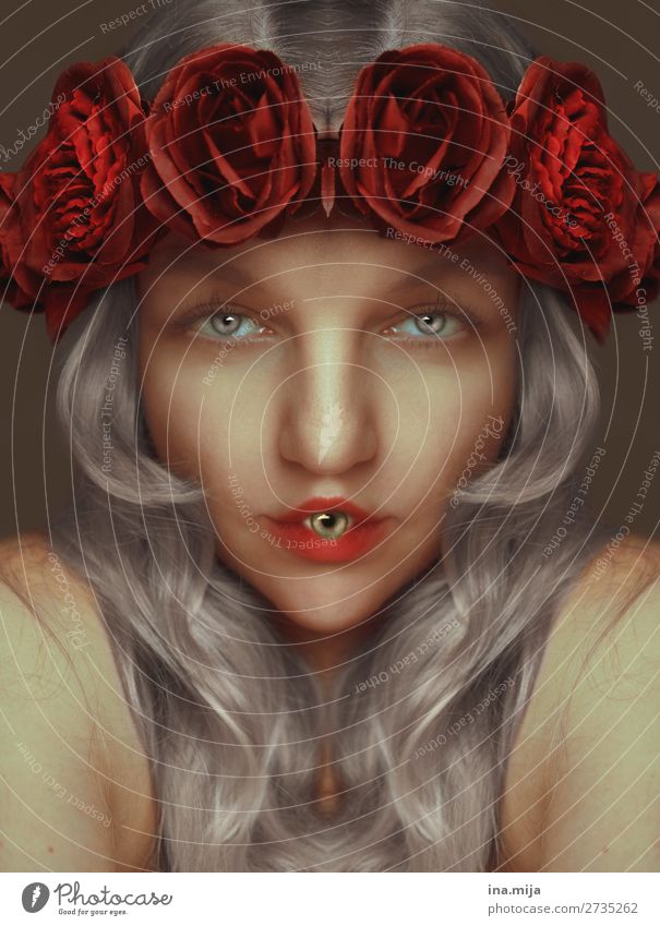 sussed scurill Creepy eyes Eyes Mouth roses Gray-haired Woman Red differently portrait Human being Lips Feminine Face Hair and hairstyles Rumbled words To talk