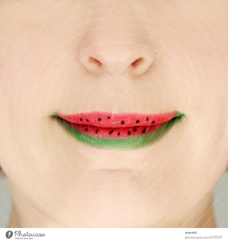 It´s Summertime Food Fruit Nutrition Eating Human being Feminine Young woman Youth (Young adults) Woman Adults Mouth Lips 1 Green Red Derby Water melon Painted