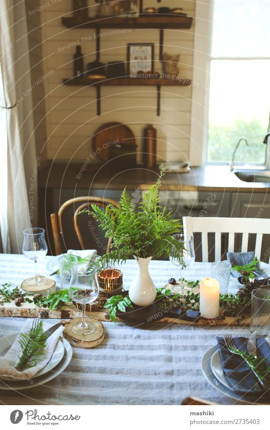 rustic country kitchen interior with festive table Dinner Plate Cutlery Style Design Summer Garden Decoration Table Kitchen Feasts & Celebrations Wedding Nature
