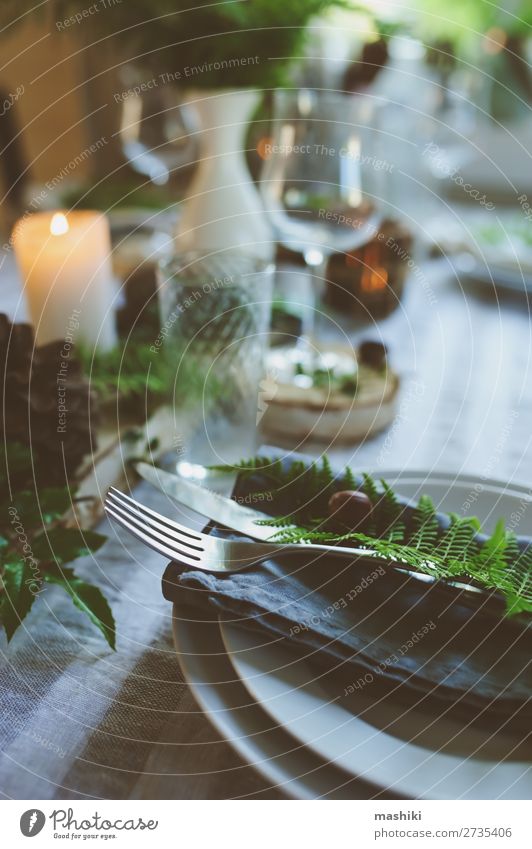 rustic festive table details in forest style Dinner Plate Cutlery Style Design Summer Garden Decoration Table Feasts & Celebrations Wedding Nature Forest Candle