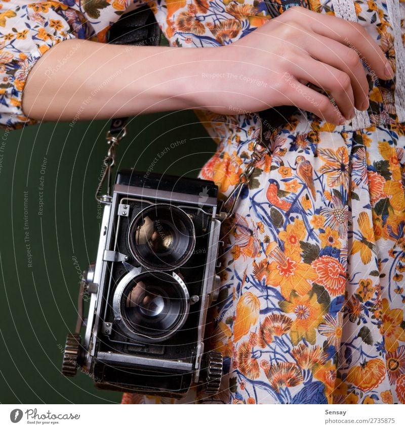 Vintage camera Style Beautiful Camera Human being Woman Adults Hand Fashion Old Retro Green White Colour vintage Photography Photographer Hold Lens girl