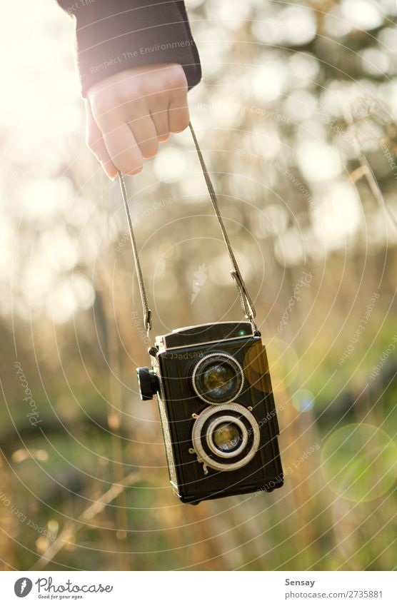 Vintage camera Beautiful Summer Sun Camera Human being Woman Adults Hand Sky Bright Cute Retro instagram girl vintage pretty young Caucasian filter people