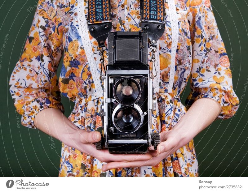 Vintage camera Style Beautiful Camera Human being Woman Adults Hand Flower Fashion Dress Old Retro Green Red White Colour vintage Photography Photographer Hold