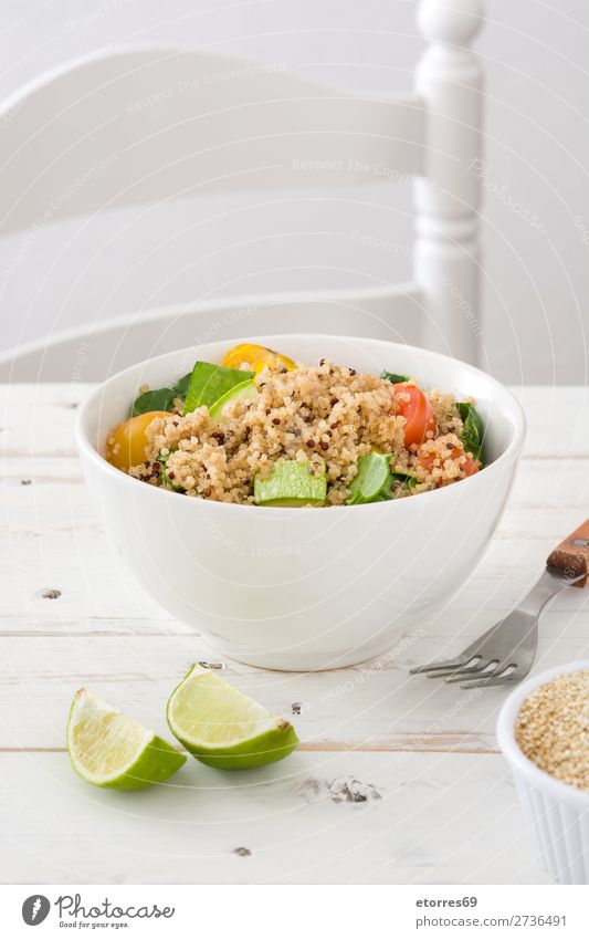 Quinoa bowl with tomatoes, zucchini and lime quinoa Vegan diet Vegetable Tomato Spinach Bowl Healthy Eating Diet Heap Grain Agriculture Preparation Crunchy