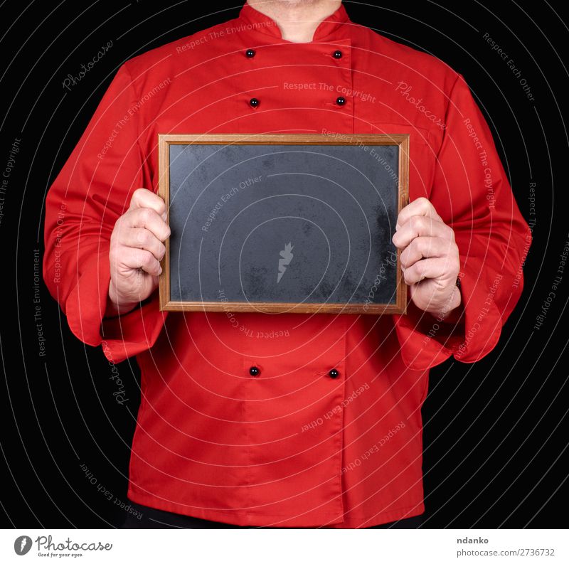 chef in red uniform holding an empty wooden frame Kitchen Restaurant Blackboard Work and employment Profession Cook Human being Man Adults Hand Clothing Shirt