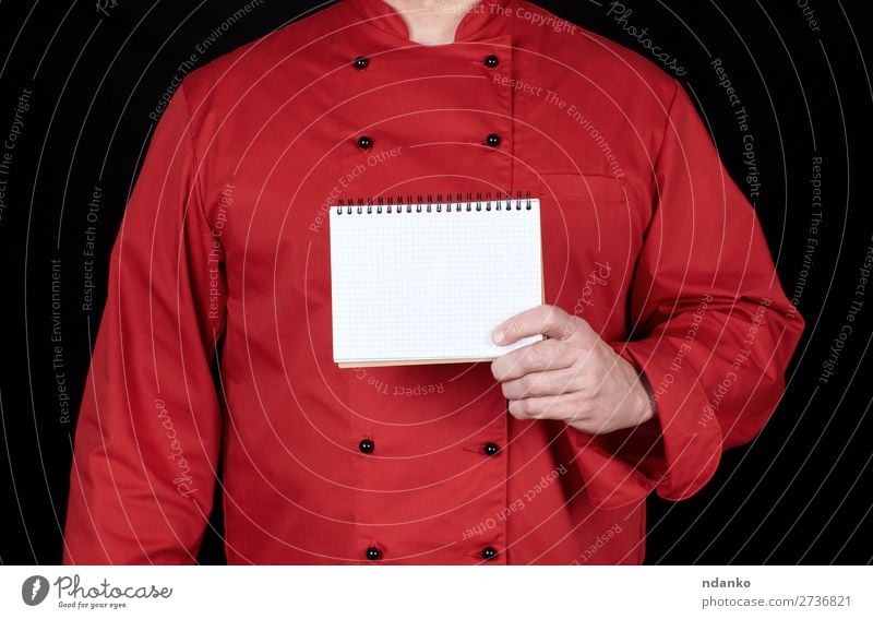 chef in red uniform holding a blank notebook Kitchen Work and employment Profession Cook Human being Man Adults Hand Clothing Shirt Suit Jacket Paper Write Dark