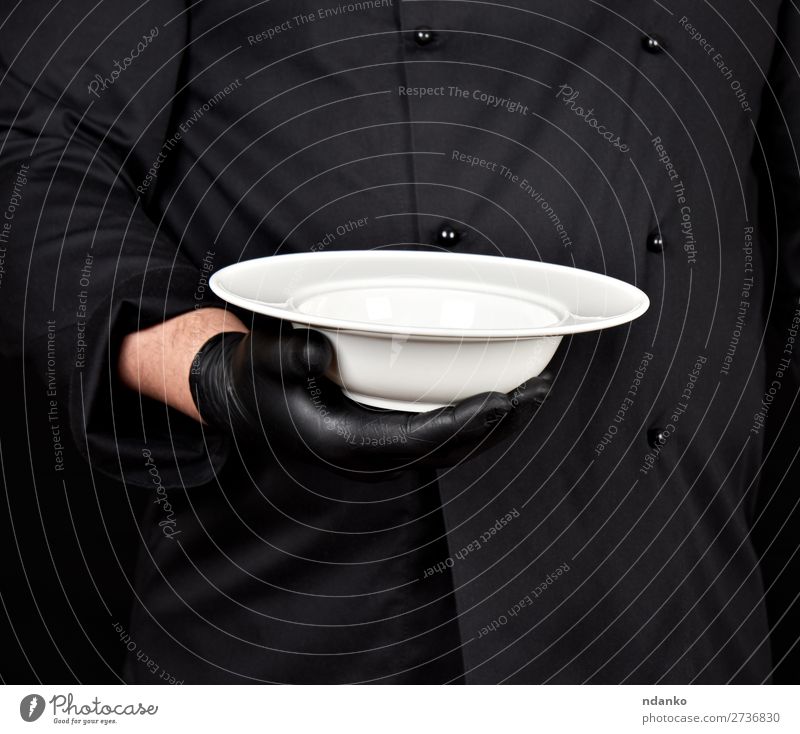 round empty white plate Soup Stew Breakfast Dinner Plate Kitchen Restaurant Profession Cook Human being Man Adults Hand Jacket Gloves Stand Dark Clean Black