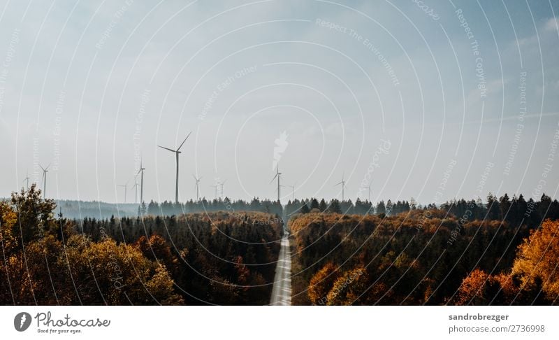 Wind turbines in the autumn forest Pinwheel windmills eco-power stream Energy Forest Autumn Air Street off warm Sky