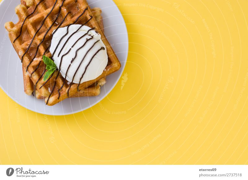 Breakfast belgian with waffles with ice Waffle Dessert Ice cream Belgian Belgium White Yellow Sweet Candy Food Healthy Eating Food photograph Neutral Background