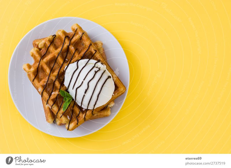 Breakfast belgian with waffles with ice Waffle Dessert Ice cream Belgian Belgium White Yellow Sweet Food Healthy Eating Food photograph Neutral Background Mint