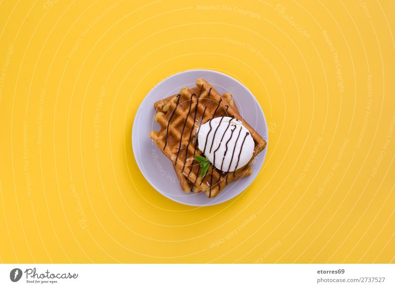 Waffle with chocolate sauce, ice cream and mint Dessert Ice cream Belgian Belgium White Sweet Food Healthy Eating Food photograph background Breakfast wafer