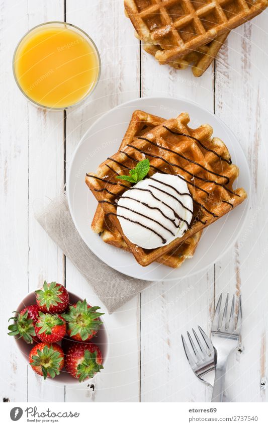 Breakfast belgian with waffles with ice cream Waffle Dessert Ice cream Belgian Belgium White Sweet Candy Food Healthy Eating Food photograph Neutral Background
