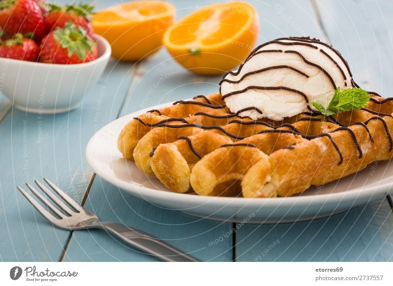 Breakfast belgian with waffles with ice cream Waffle Dessert Ice cream Belgian Belgium White Sweet Candy Food Healthy Eating Food photograph Neutral Background
