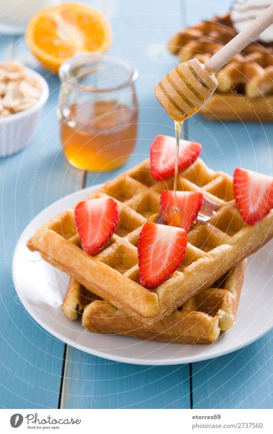 Breakfast belgian with waffles with strawberries and honey Waffle Dessert Belgian Belgium White Sweet Candy Food Healthy Eating Food photograph