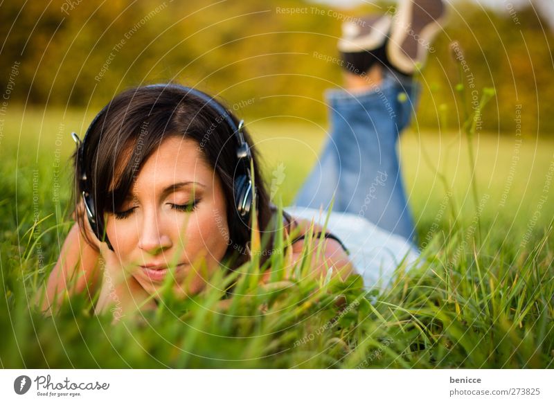 grass tones Woman Human being Music Summer Spring Meadow Lie Listening Headphones MP3 player CD player Walkman Joy Eyes Closed Free Loneliness Individual Day
