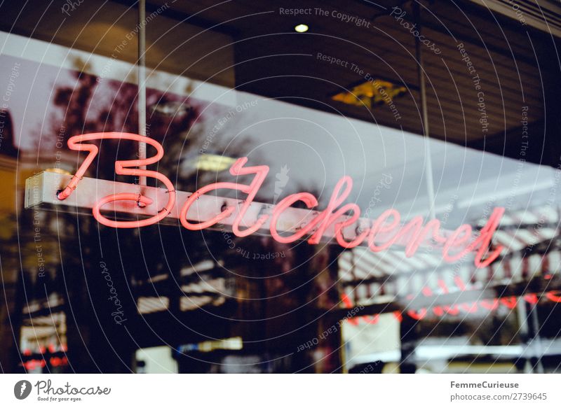 Neon sign with 'Bakery' Food To enjoy Neon light Advertising Bright Colours Illuminate Pane Specialty store German Colour photo Exterior shot Artificial light