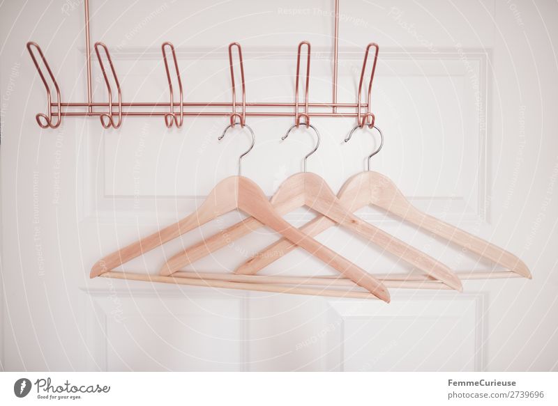 3 coat hangers on copper-coloured coat hook Fashion Clothing Living or residing Hanger Wood Hallstand Clothes peg Copper Door White Bedroom Dressing room