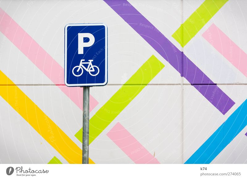 fancy parking Transport Means of transport Cycling Bicycle Sign Signs and labeling Road sign Exceptional Friendliness Happiness Blue Multicoloured Yellow Green