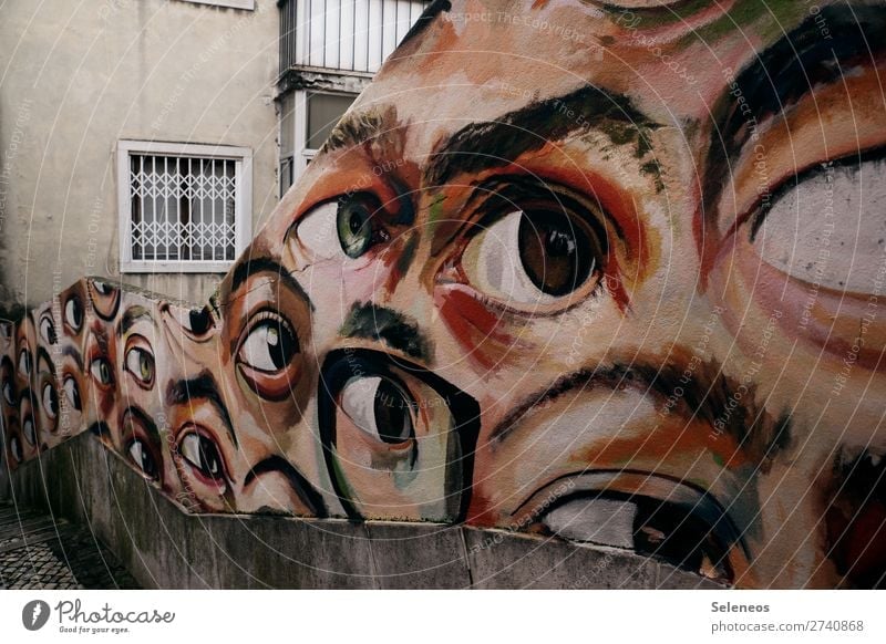 watching you Tourism Lisbon Building Architecture Wall (barrier) Wall (building) Stairs Facade Sign Graffiti Observe Spy Eyes Colour photo Exterior shot