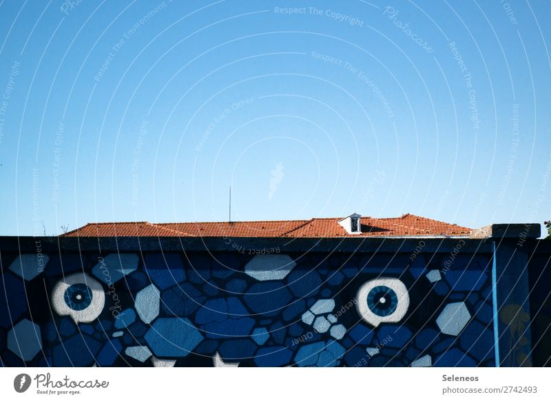 eye contact Art Cloudless sky Portugal Manmade structures Building Architecture Wall (barrier) Wall (building) Facade Roof Observe Street art Graffiti