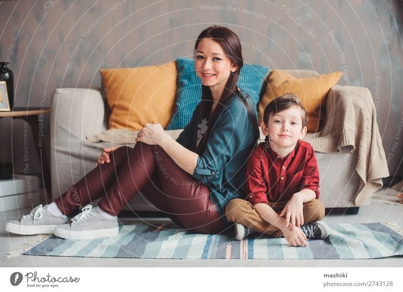 mother and son happy together at home Lifestyle Joy Beautiful Parenting Child To talk Toddler Boy (child) Parents Adults Mother Family & Relations Infancy