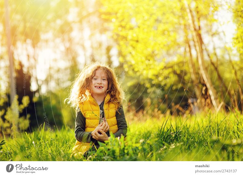happy child girl in summer sunny forest Joy Playing Summer Child Infancy Nature Warmth Forest Discover Natural Yellow Green kid walk explore Sunset Vest