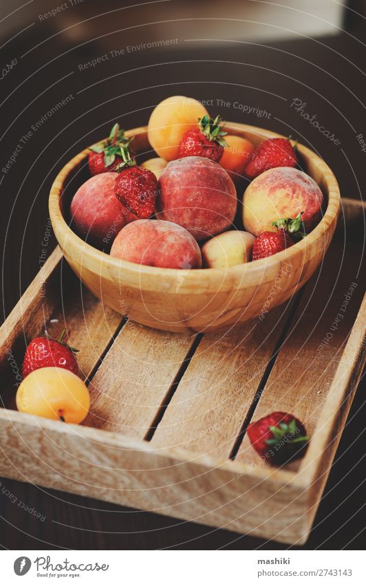 fresh summer fruits on wooden plate. Fruit Plate Summer Table Kitchen Nature Wood Growth Fresh Natural Brown Red Peach Strawberry Berries Apricot Seasons