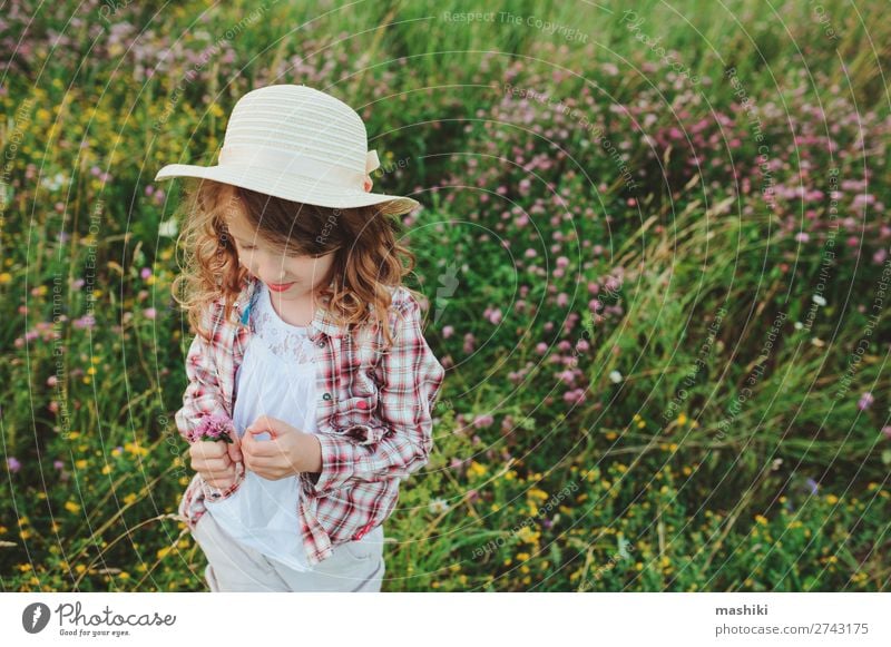 child girl in country style plaid shirt and hat Style Joy Relaxation Vacation & Travel Summer Child Infancy Nature Landscape Meadow Shirt Hat Smiling Happiness