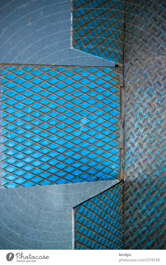 Loading ramp impression Metal Steel Sharp-edged Blue Perspective Symmetry metal plate Opened Pattern Rectangle Flap Asphalt Colour photo Exterior shot Deserted