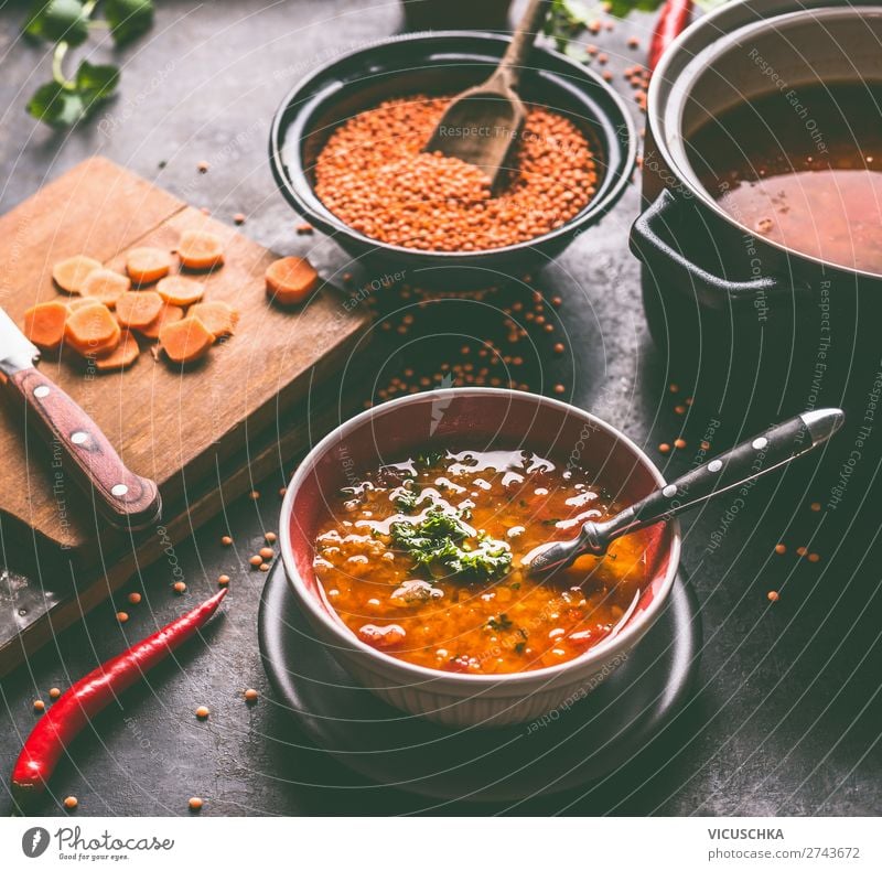Vegan lentil soup in bowl with spoon Food Grain Soup Stew Nutrition Lunch Banquet Organic produce Vegetarian diet Diet Plate Bowl Spoon Healthy Healthy Eating