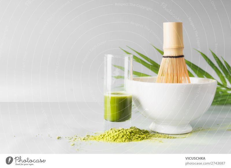Healthy green Matcha Espresso in the glass Food Nutrition Organic produce Vegetarian diet Diet Beverage Cold drink Hot drink Tea Crockery Bowl Glass Lifestyle