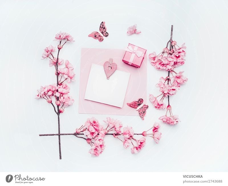 Empty greeting card with pastel pink spring blossom Style Design Feasts & Celebrations Flower Paper Decoration Bouquet Bow Love Pink White bare mock up frame