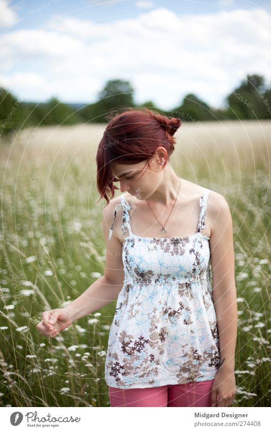 Meadow Laura. Human being Feminine 1 Nature Elegant Good Beautiful Contentment Flower Red-haired To go for a walk Field Blur Necklace Colour photo Exterior shot