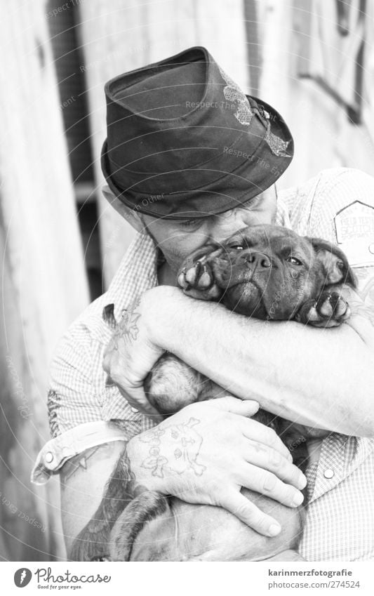 dog love Masculine Man Adults Nose Hand 1 Human being Shirt Hat Animal Dog Love of animals Safety (feeling of) Cuddling Sincere Caresses Black & white photo