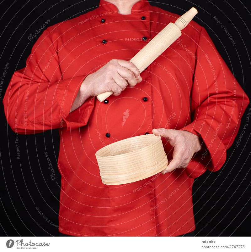 cook in a red uniform holding Style Kitchen Restaurant Work and employment Profession Human being Man Adults Hand Clothing Shirt Suit Jacket Sieve Wood Red