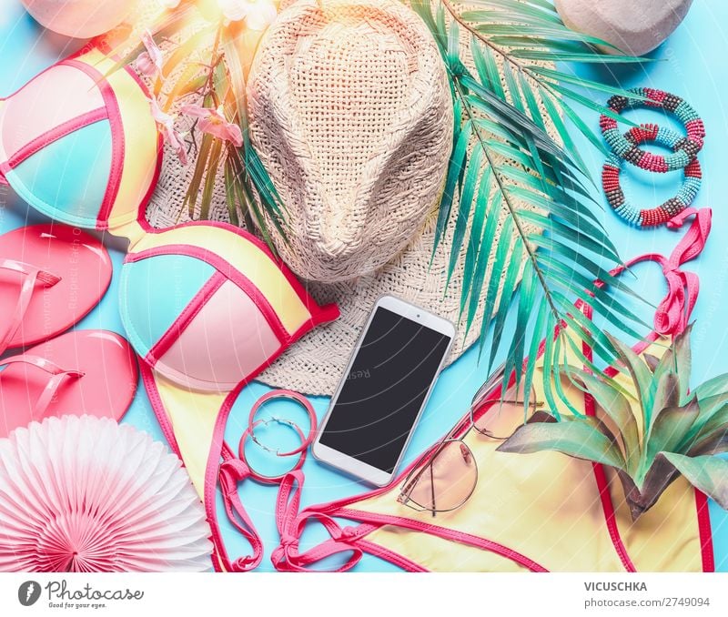 Female things for beach holiday Style Design Vacation & Travel Tourism Summer Summer vacation Beach Ocean PDA Feminine Bikini Sunglasses Flip-flops Hat