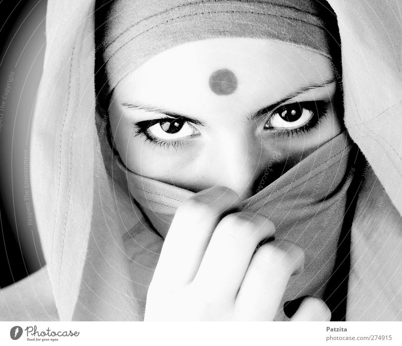 covert Woman Face Portrait photograph Packaged obscured Eyes Indian Foreigner Stranger Doe eyes Dark Black White Hand Timidity Religion and faith Belief