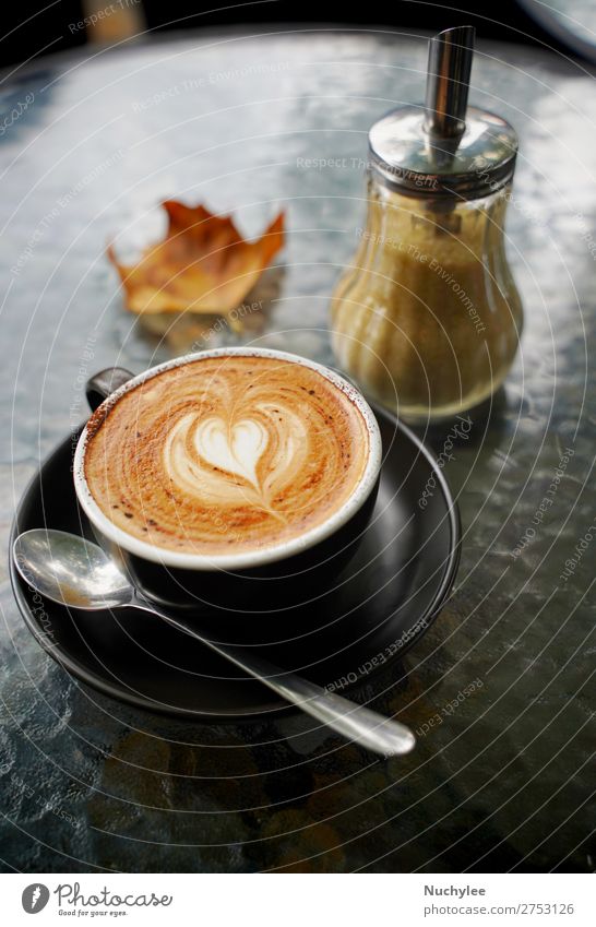 Hot cup of coffee latte and flat white Dessert Breakfast Beverage Coffee Espresso Table Art Autumn Fresh Brown Black White Aromatic Autumn leaves background