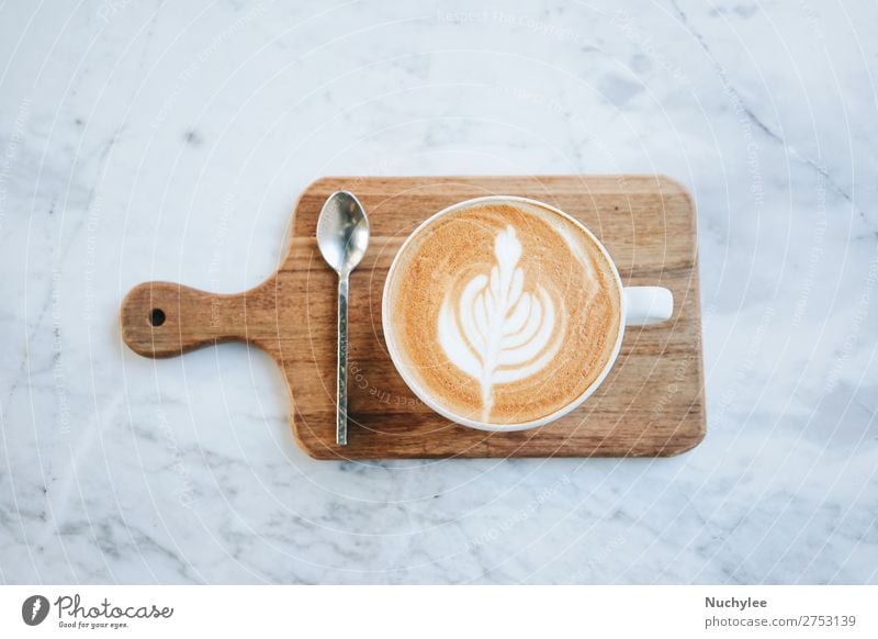 Top view of hot latte coffee on wooden tray Breakfast Coffee Espresso Spoon Table Art Wood Hot Brown Black White Aromatic background Café Cafeteria Caffeine