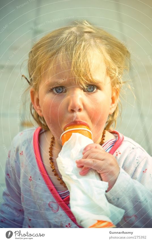 Water ice in summer air vintage Ice cream Eating ice lick Summer vacation Feminine Girl 1 Human being 3 - 8 years Child Infancy amber necklace Blonde Disheveled