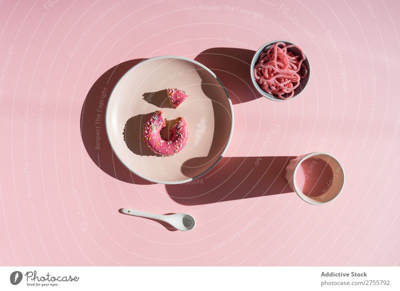 Pink sweets in composition from above Candy Colour Donut Drinking valentine Sweet Baked goods Jelly Culinary Cup Milkshake Sugar Vacation & Travel Design glazed