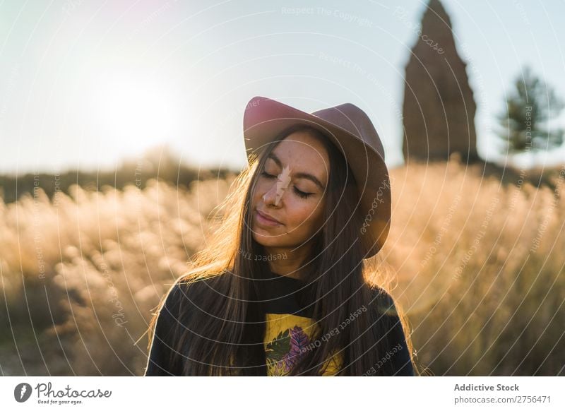 Cheerful young woman in hat in nature Woman pretty Nature Hat Beautiful Portrait photograph Youth (Young adults) Beauty Photography Model Attractive Fashion