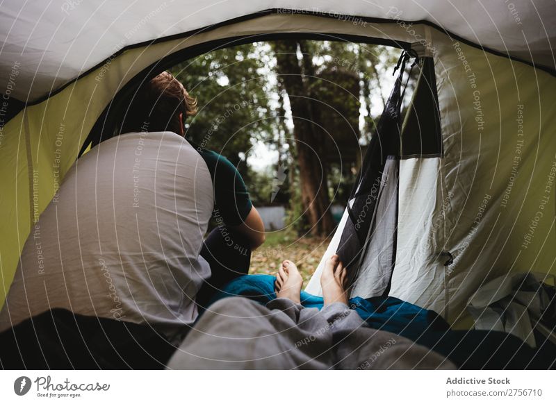 People in tent Human being Nature Forest Vacation & Travel Tent Relaxation Tourist Vantage point Beautiful Idyll Freedom fresh air Serene Camping Friendship