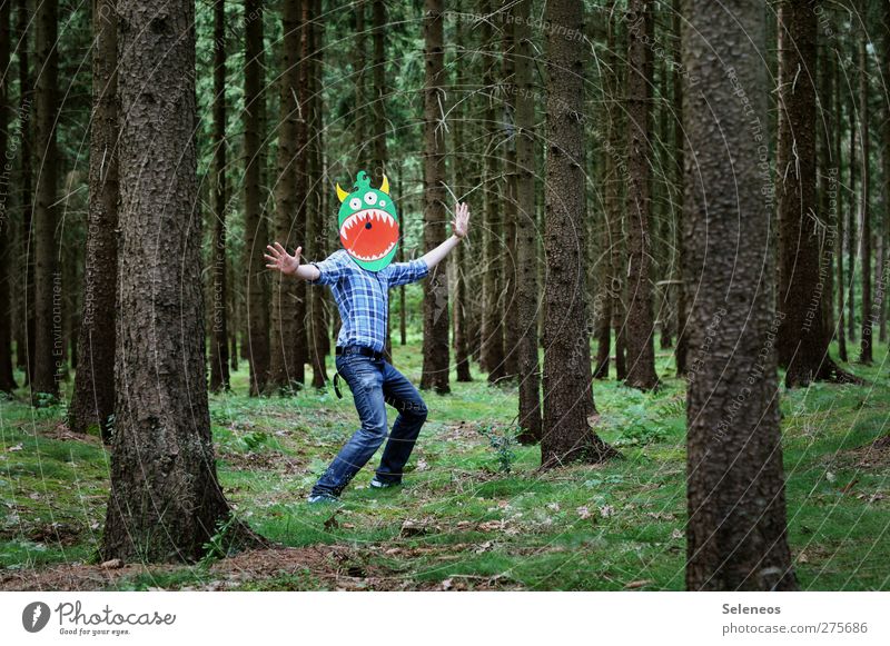 Jazzhands! Playing Trip Human being 1 Tree Moss Forest Shirt Jeans Mask Dance Romp Happiness Funny Monster Colour photo Multicoloured Exterior shot Day