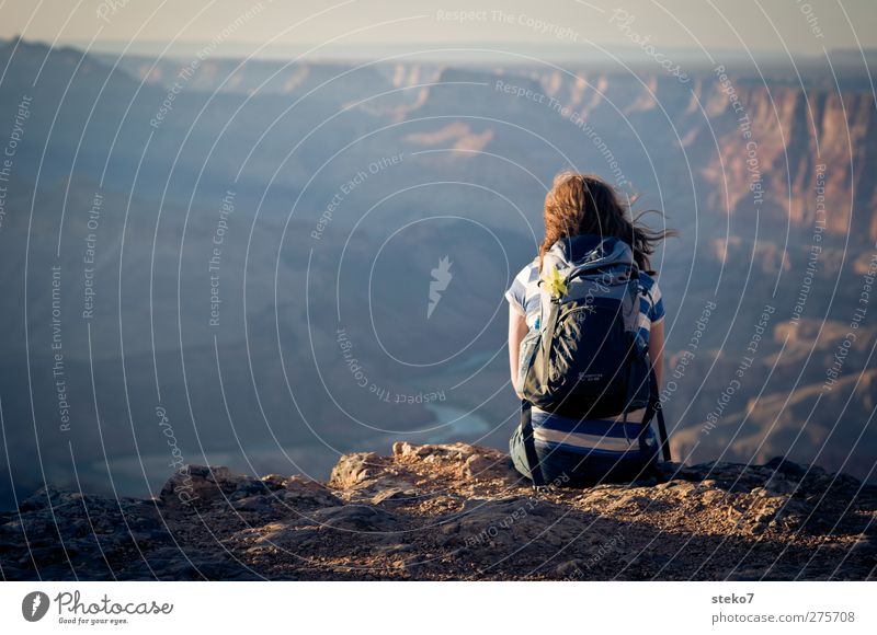 waiting for the sun Feminine Woman Adults 1 Human being Rock Mountain Canyon Relaxation Looking Dream Wait Blue Brown Contentment Calm Far-off places