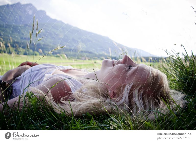 spring feelings. Feminine Young woman Youth (Young adults) Woman Adults Life 1 Human being 18 - 30 years Nature Beautiful weather Grass Meadow Alps Mountain